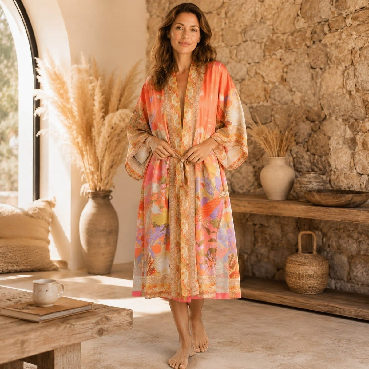 La Boutique Kimono Combinaison Style Kimono Orange Fleuri