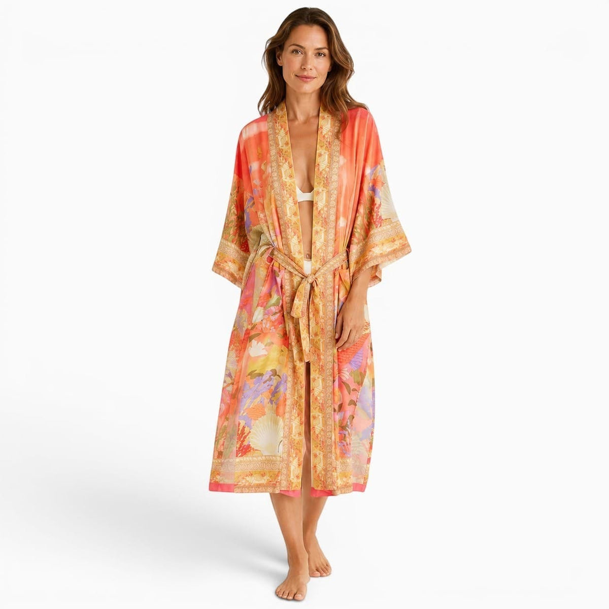 La Boutique Kimono Combinaison Style Kimono Orange Fleuri