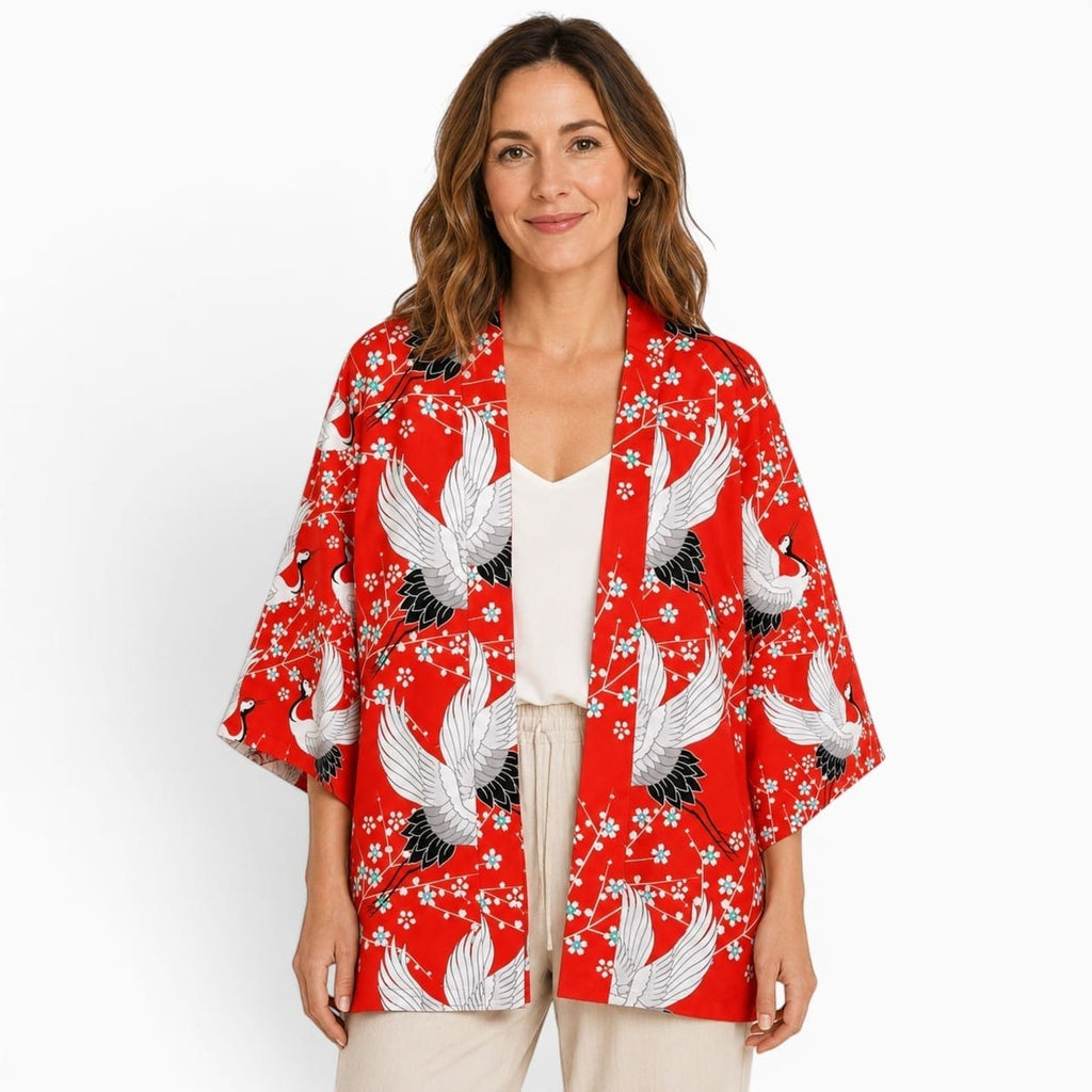 La Boutique Kimono Kimono Acétate Rouge Motif Grues