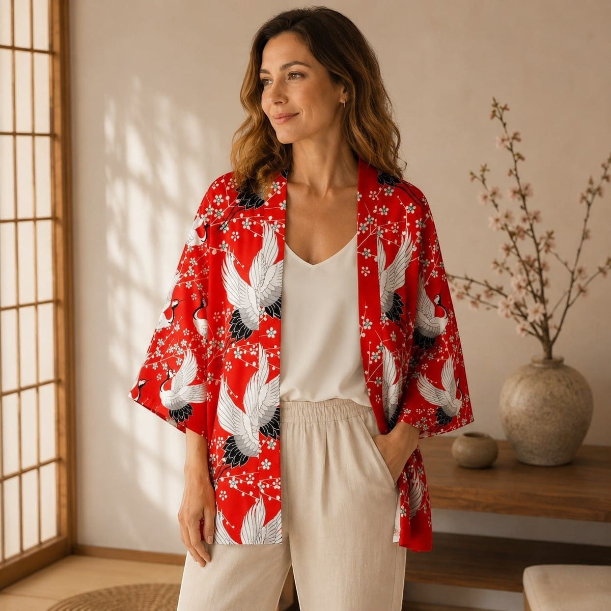 La Boutique Kimono Kimono Acétate Rouge Motif Grues