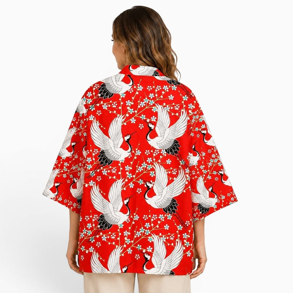 La Boutique Kimono Kimono Acétate Rouge Motif Grues