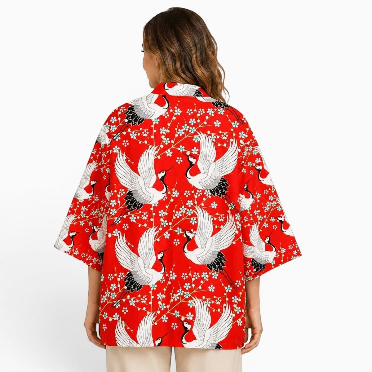 La Boutique Kimono Kimono Acétate Rouge Motif Grues