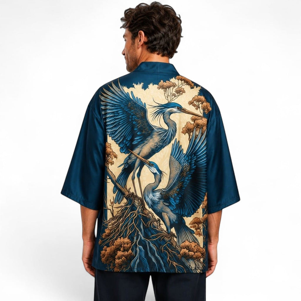 La Boutique Kimono Kimono Bleu Imprimé Grues