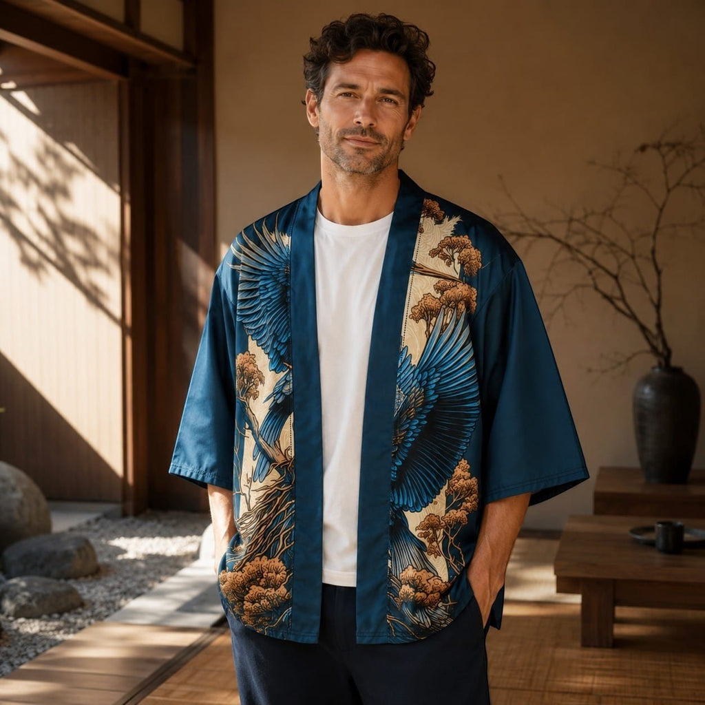 La Boutique Kimono Kimono Bleu Imprimé Grues