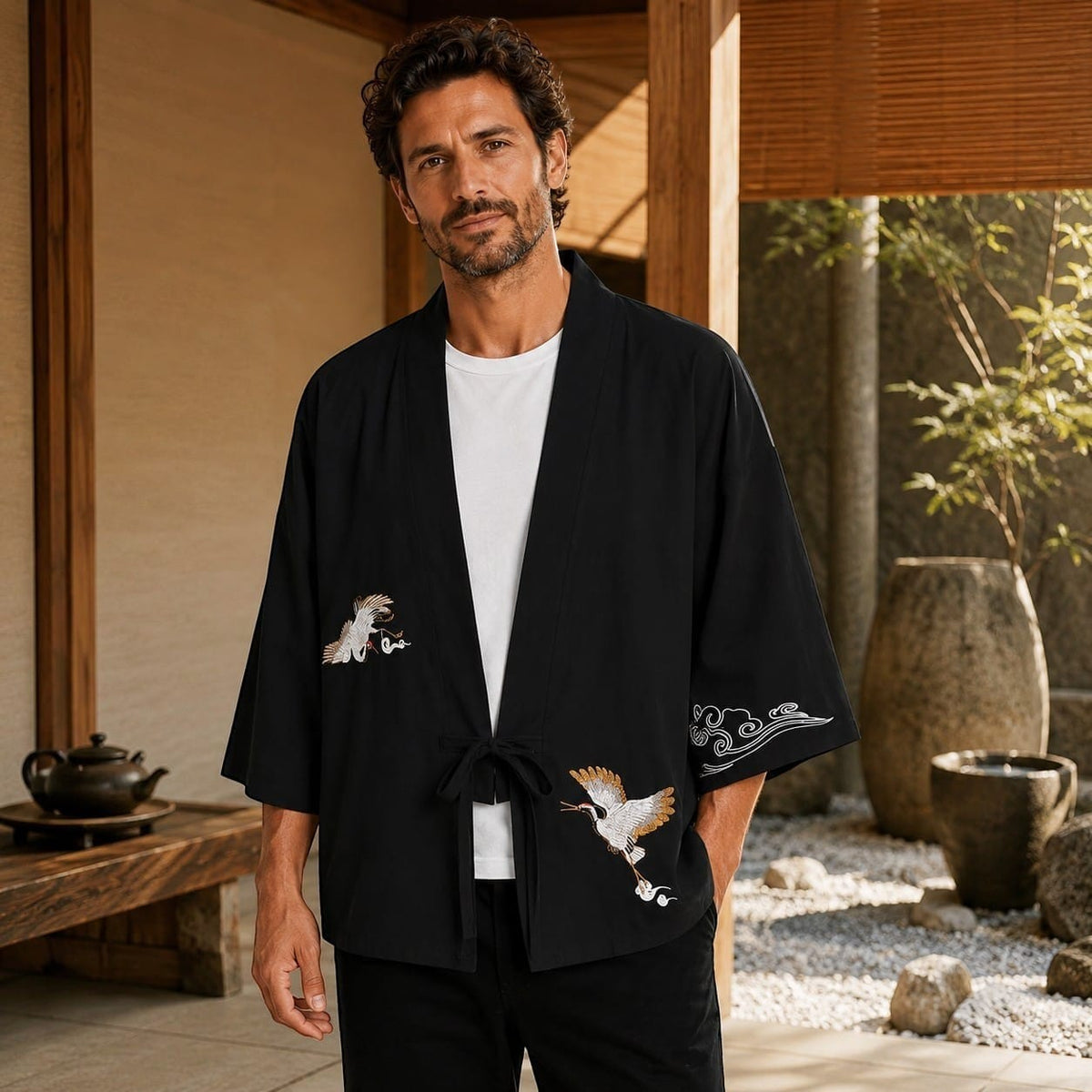 La Boutique Kimono Kimono Brodé Grue Noir