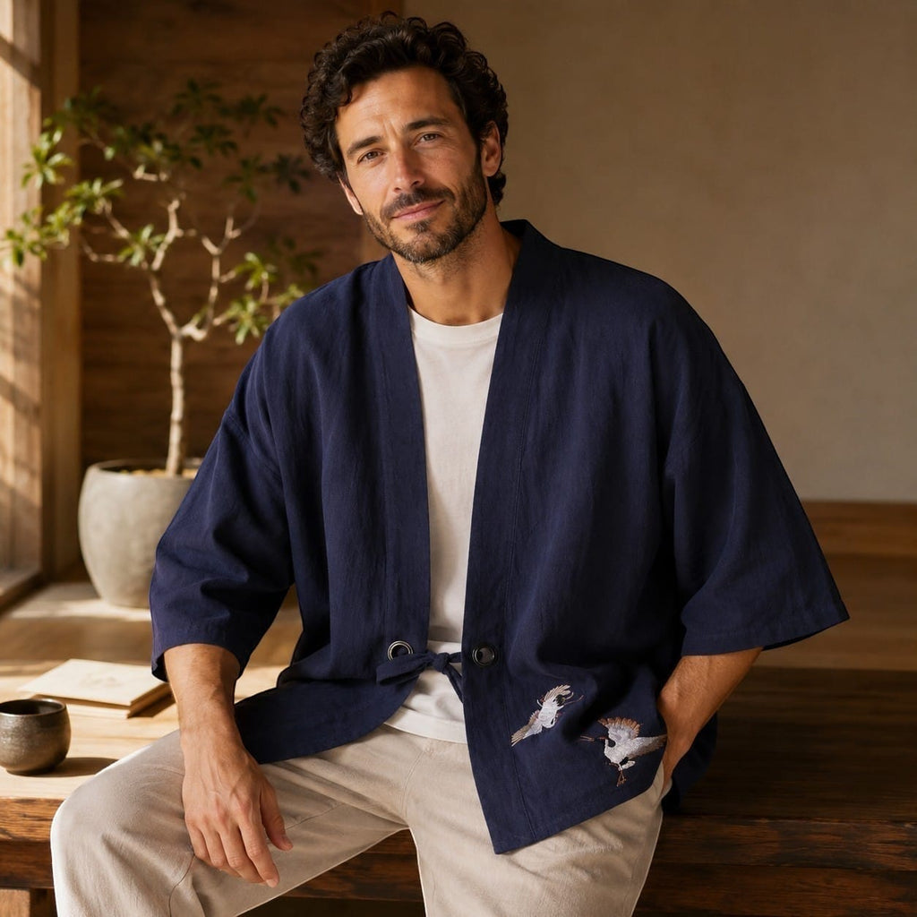 La Boutique Kimono Kimono Broderie Grue Coton Et Lin