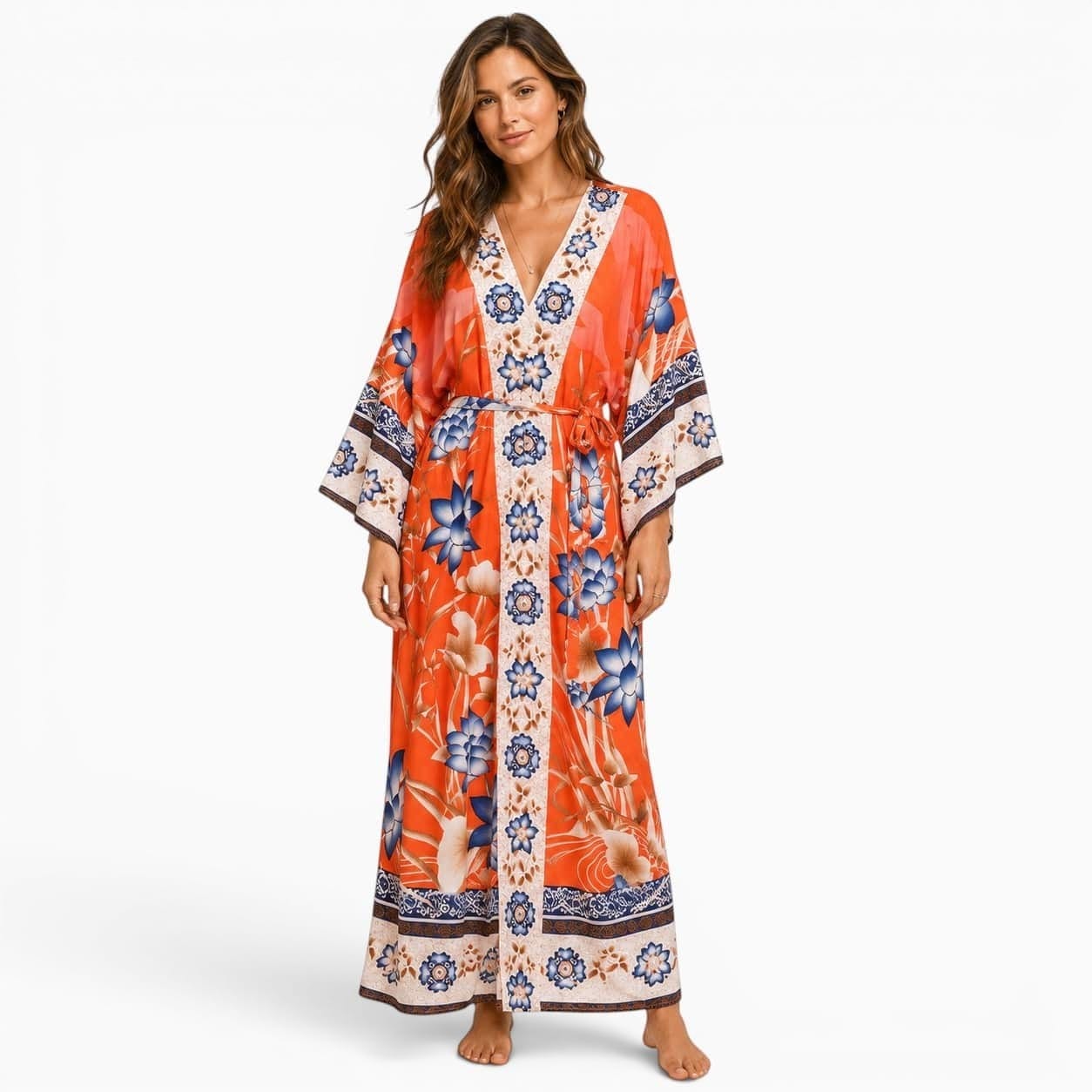 La Boutique Kimono Kimono Coton Corail Fleuri
