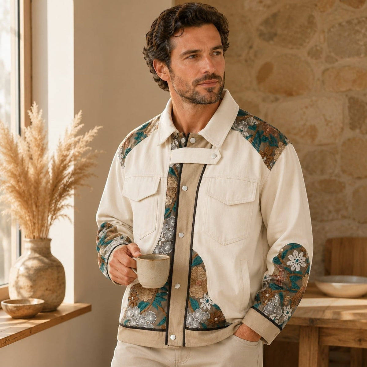 La Boutique Kimono Kimono Coton Homme Brodé Beige