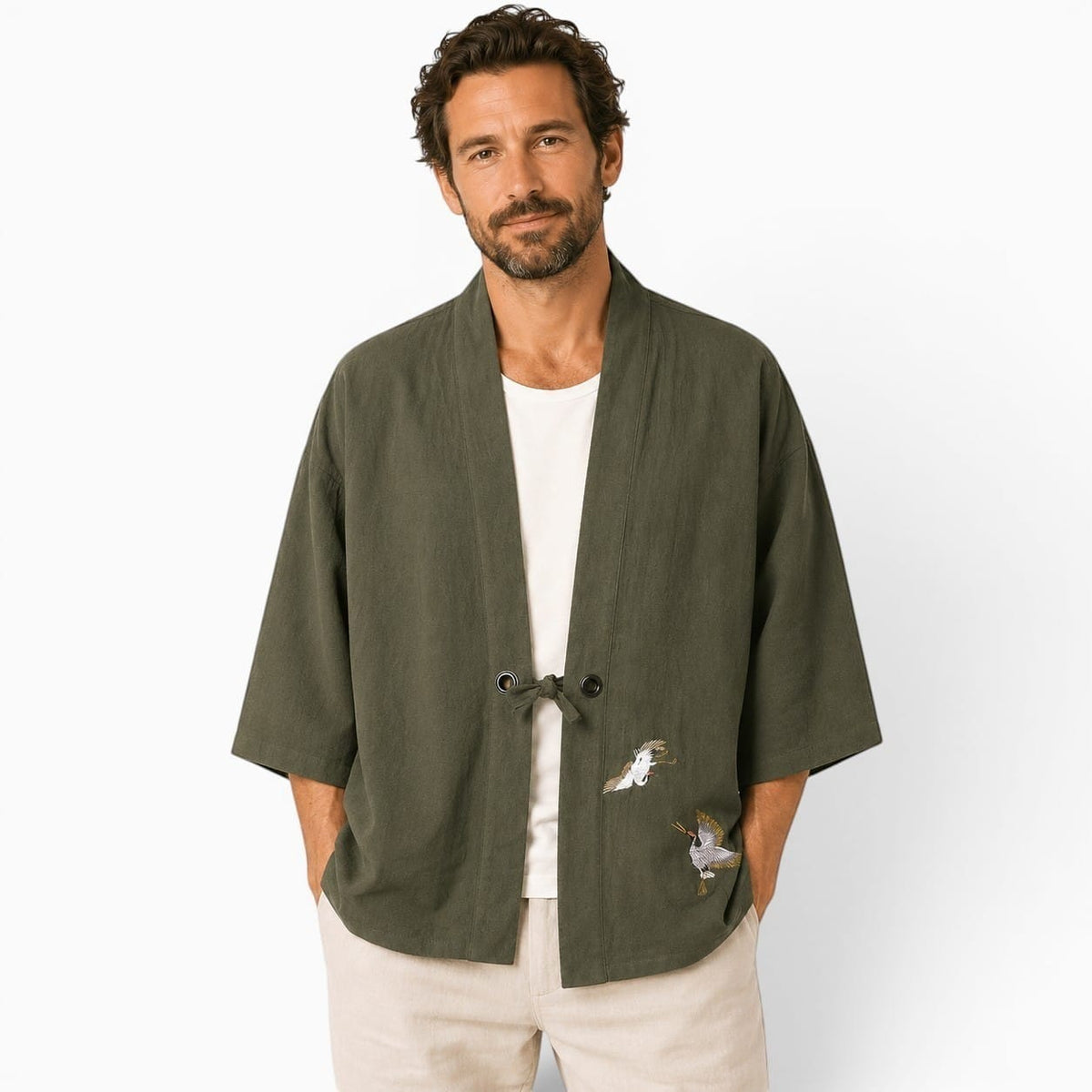 La Boutique Kimono Kimono Coton Kaki Broderie Grue