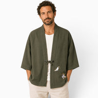 La Boutique Kimono Kimono Coton Kaki Broderie Grue