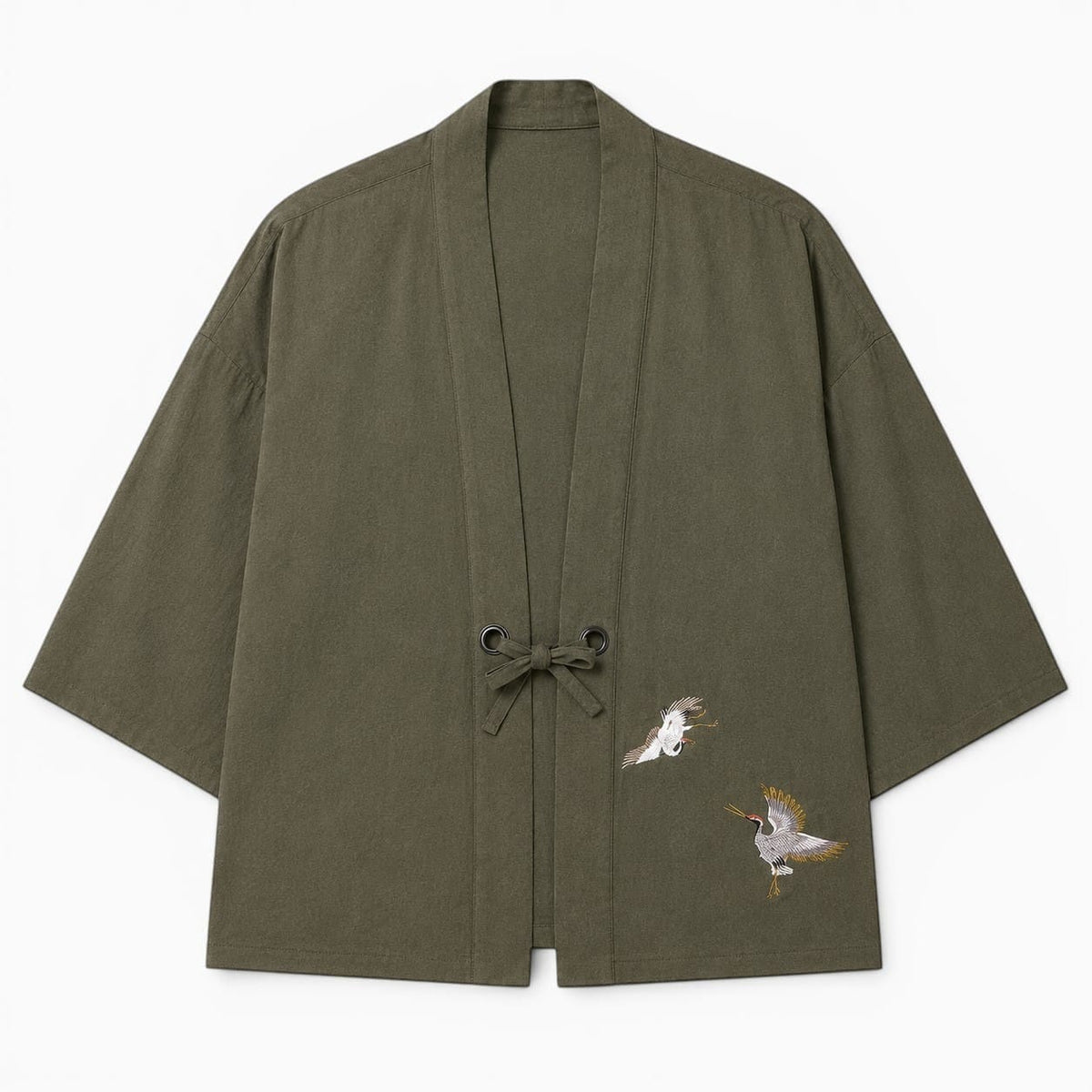 La Boutique Kimono Kimono Coton Kaki Broderie Grue