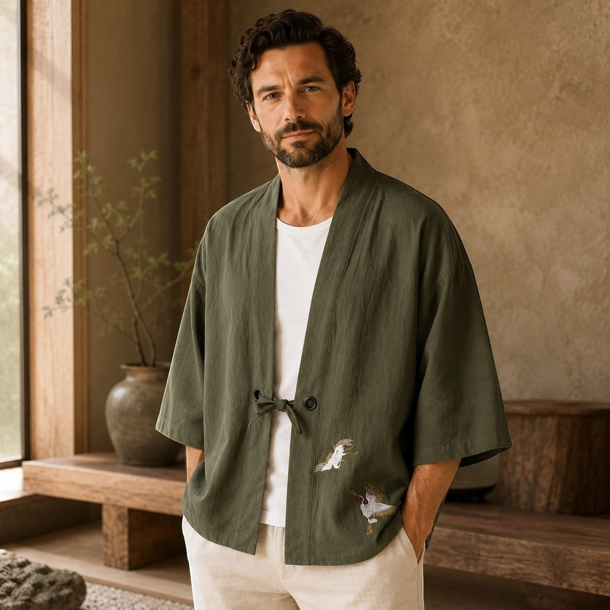 La Boutique Kimono Kimono Coton Kaki Broderie Grue
