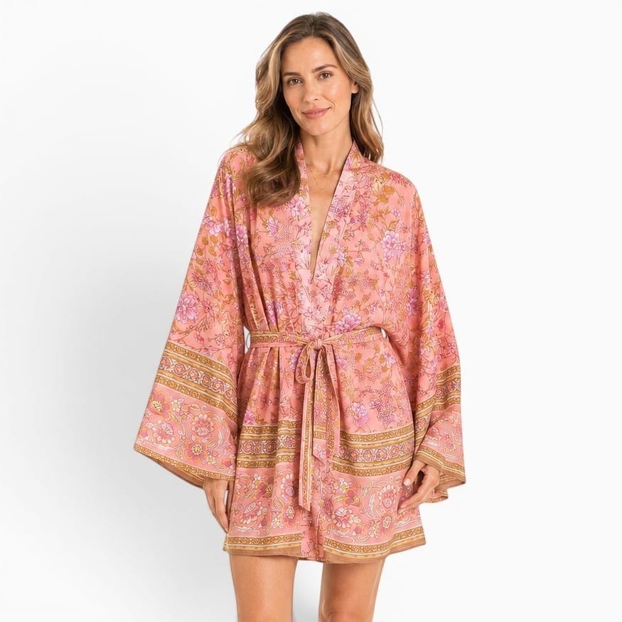 La Boutique Kimono Kimono Court Femme Rose Avec Fleurs