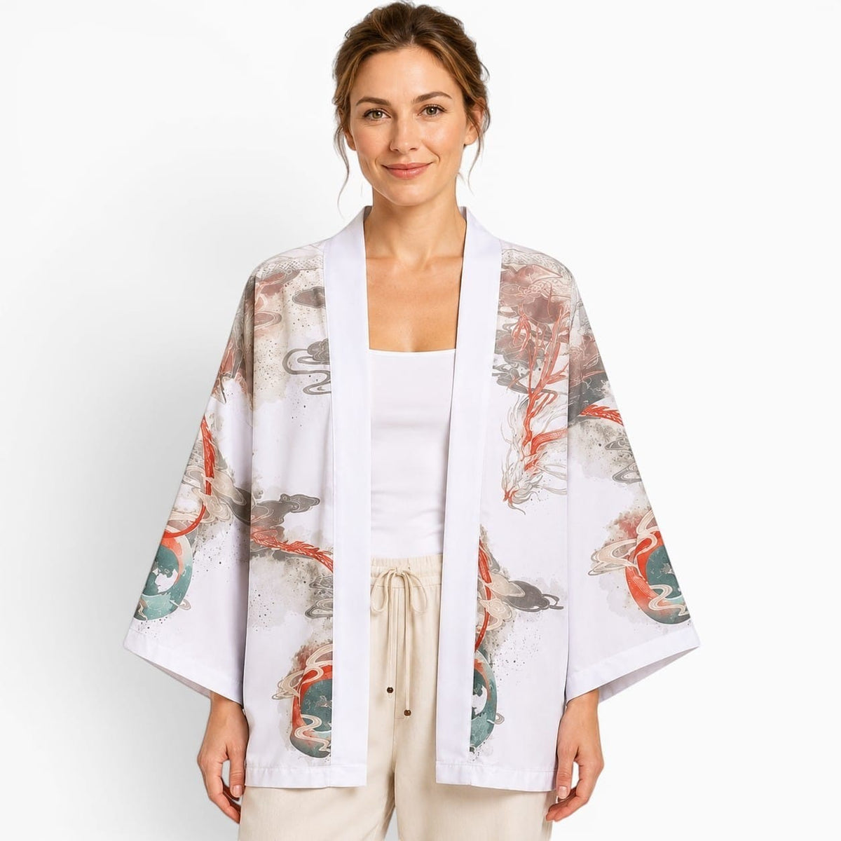 La Boutique Kimono Kimono Élasthanne Blanc Motif Dragon