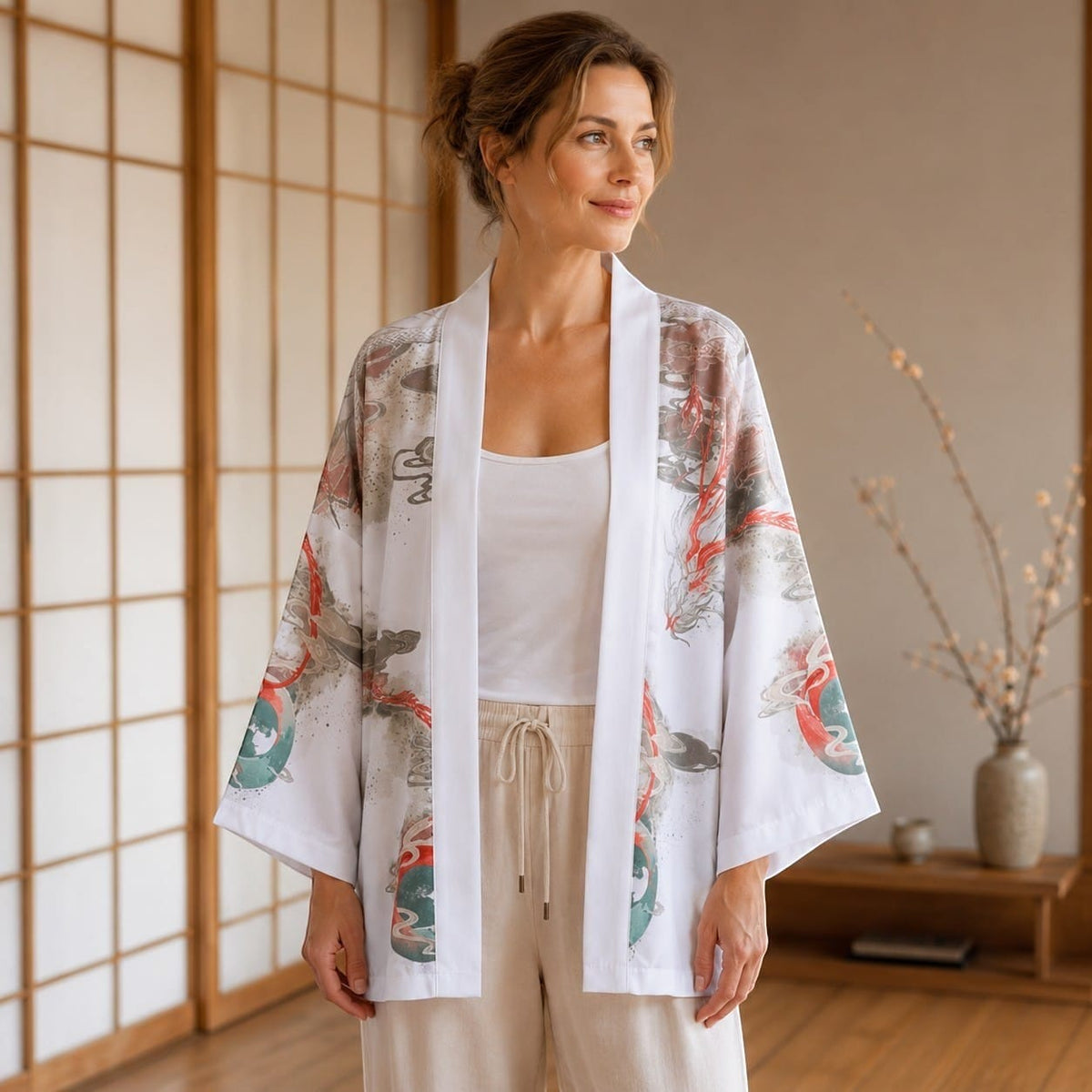 La Boutique Kimono Kimono Élasthanne Blanc Motif Dragon