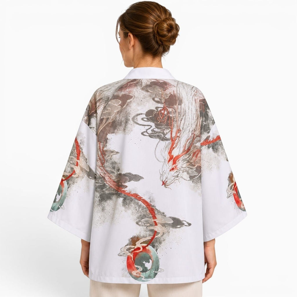 La Boutique Kimono Kimono Élasthanne Blanc Motif Dragon