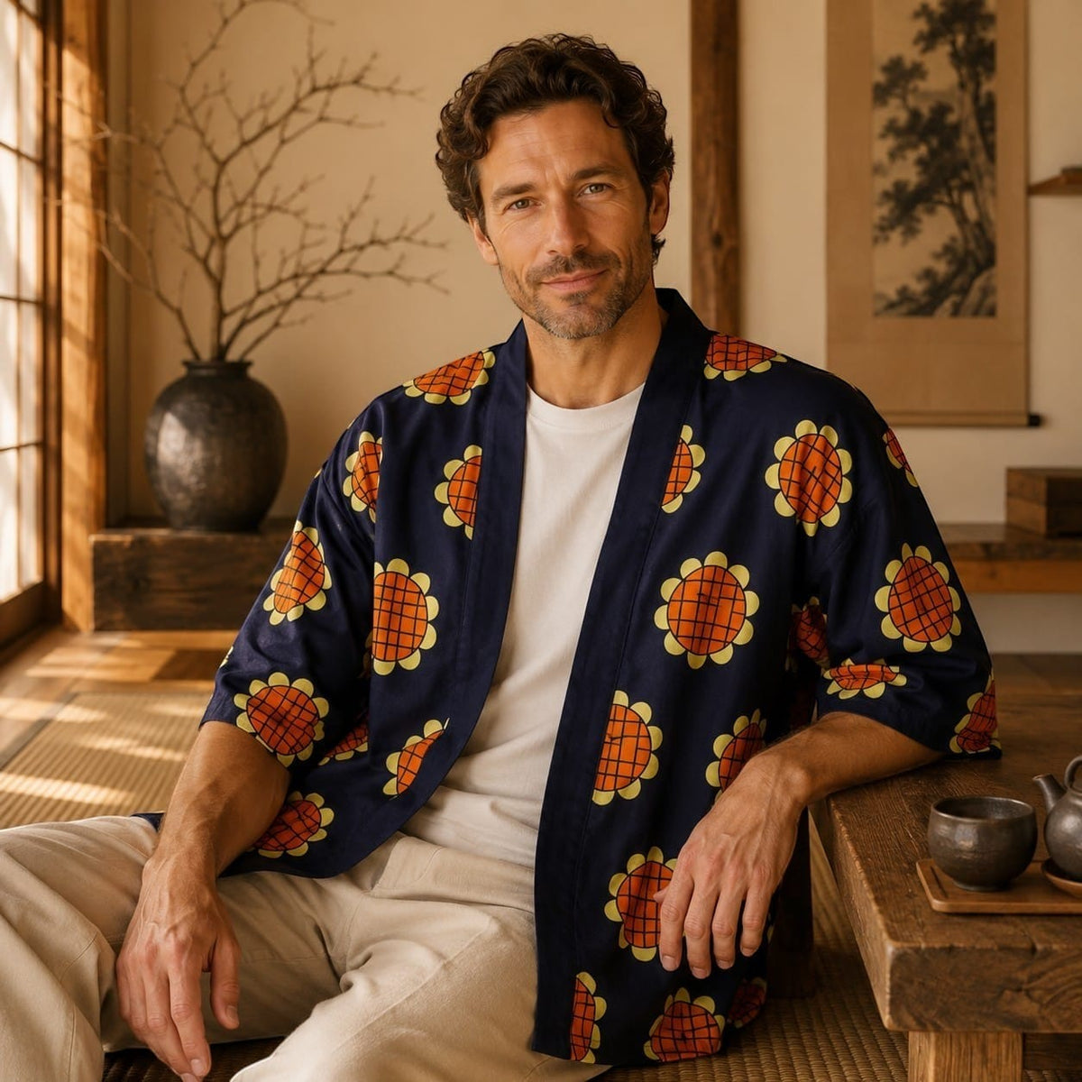 La Boutique Kimono Kimono Été Bleu Marine Motif Tournesol