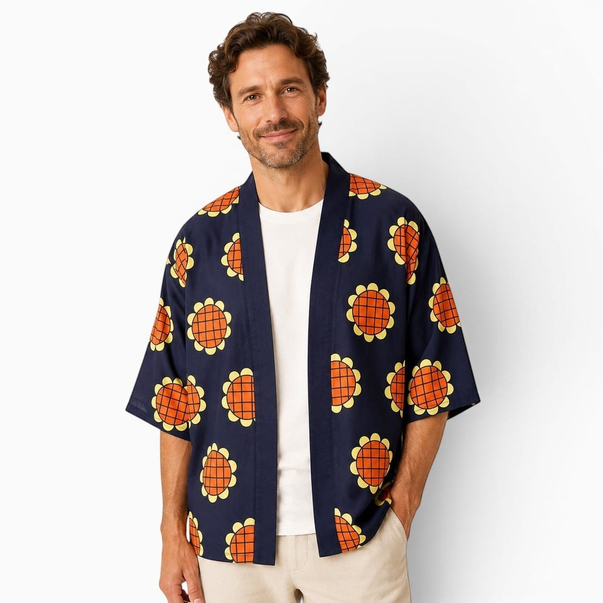 La Boutique Kimono Kimono Été Bleu Marine Motif Tournesol