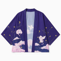 La Boutique Kimono Kimono Femme Traditionnel Violet Motif Chat Et Ciel Étoilé