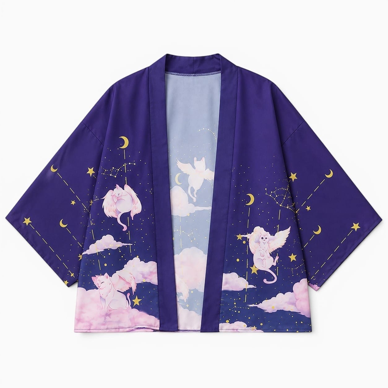 La Boutique Kimono Kimono Femme Traditionnel Violet Motif Chat Et Ciel Étoilé