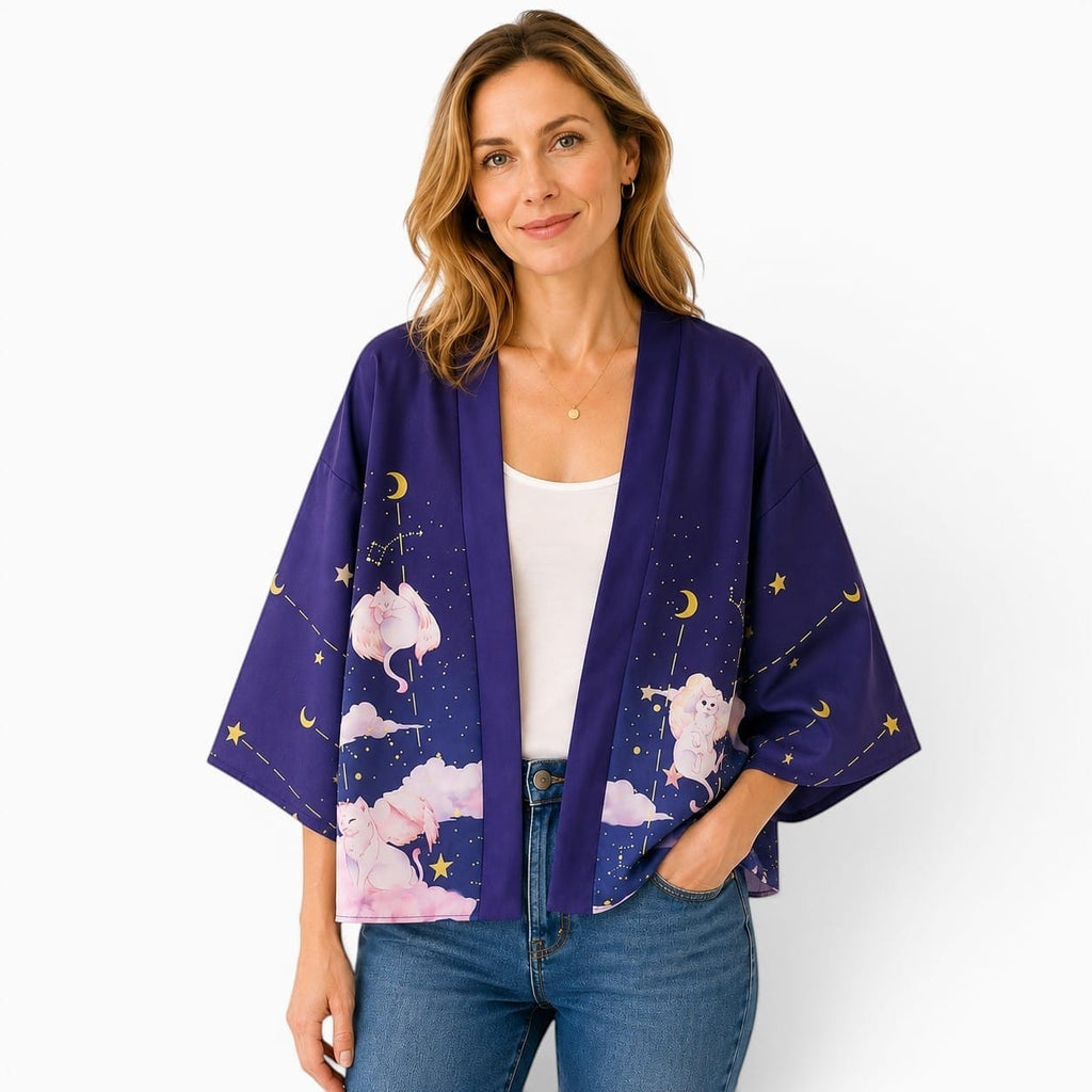 La Boutique Kimono Kimono Femme Traditionnel Violet Motif Chat Et Ciel Étoilé