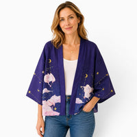 La Boutique Kimono Kimono Femme Traditionnel Violet Motif Chat Et Ciel Étoilé