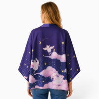 La Boutique Kimono Kimono Femme Traditionnel Violet Motif Chat Et Ciel Étoilé