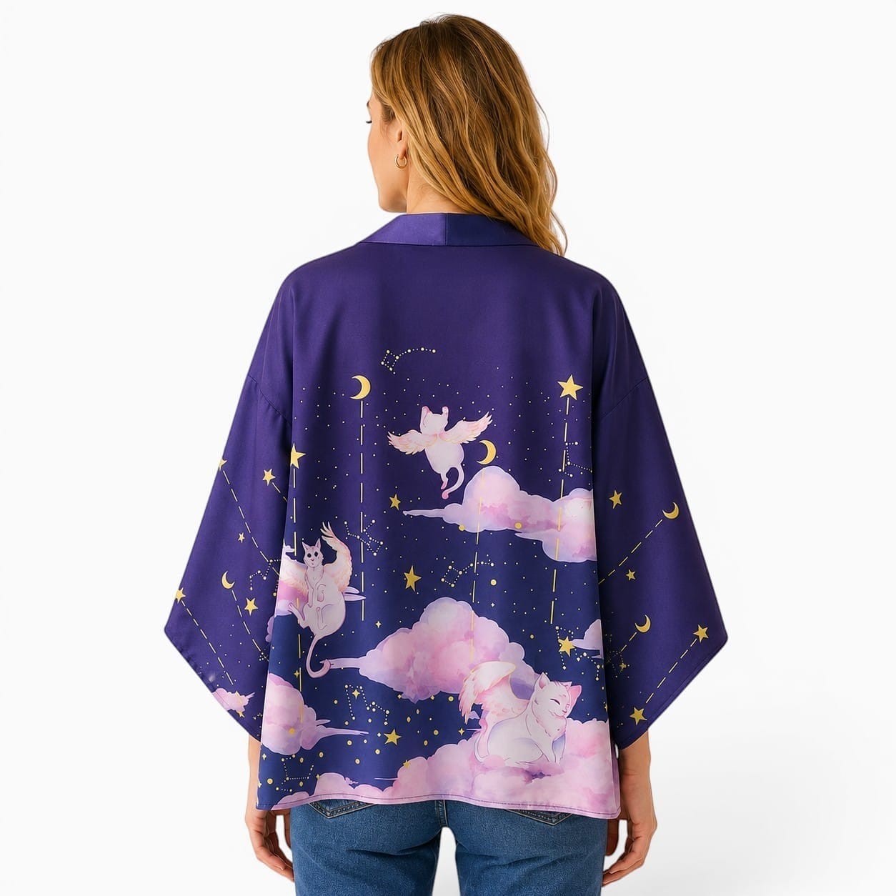 La Boutique Kimono Kimono Femme Traditionnel Violet Motif Chat Et Ciel Étoilé