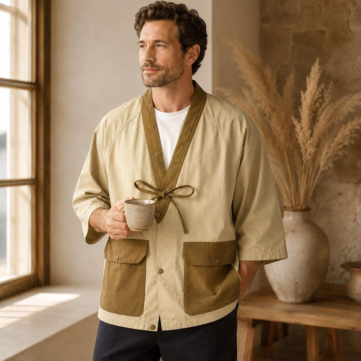 La Boutique Kimono Kimono Japonais Homme Coton Beige