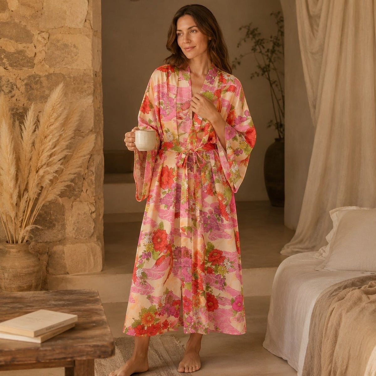 La Boutique Kimono Kimono Long Fleuri Rose Bohème