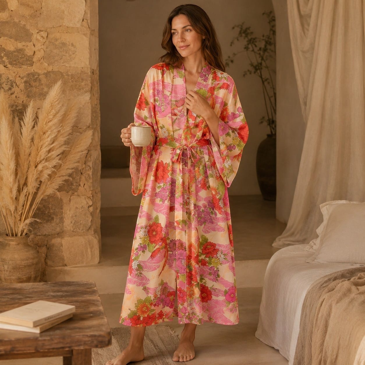 La Boutique Kimono Kimono Long Fleuri Rose Bohème