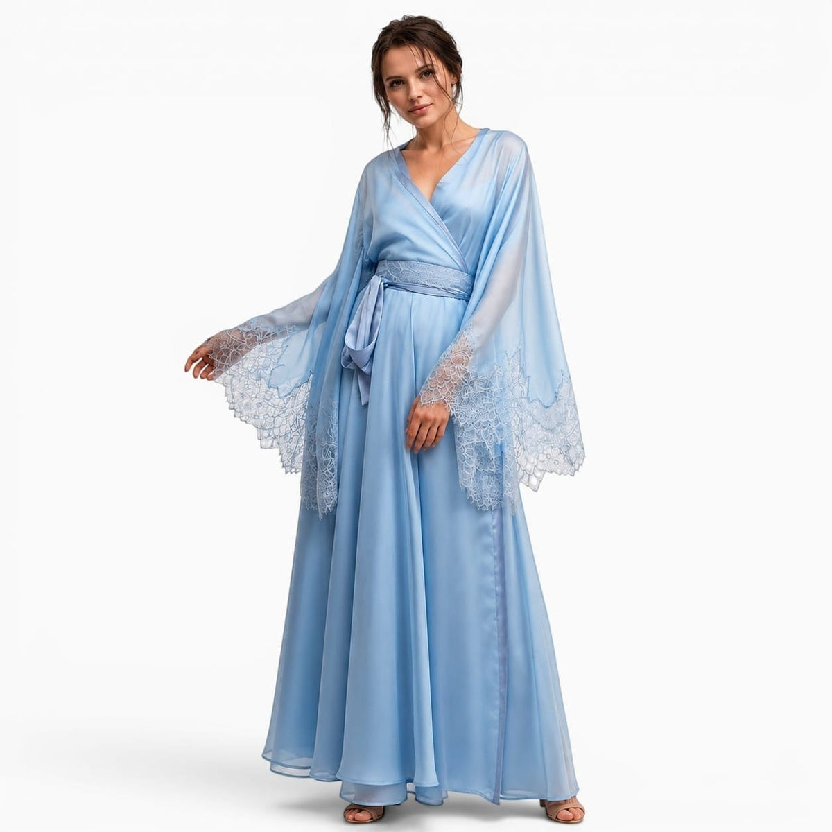 La Boutique Kimono Kimono Manches Longues Bleu Ciel En Mousseline
