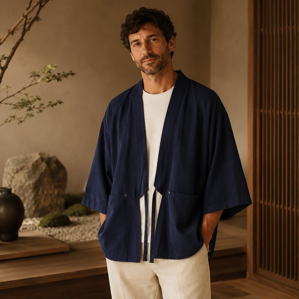 La Boutique Kimono Kimono Mode Homme Bleu Marine En Coton