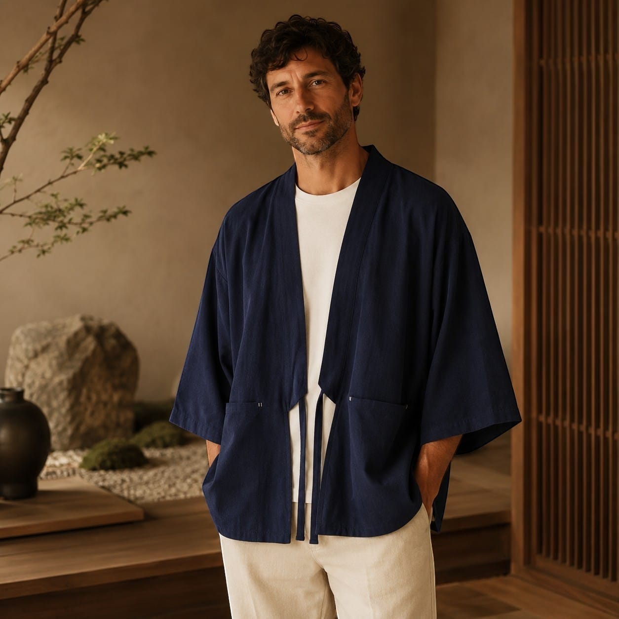 La Boutique Kimono Kimono Mode Homme Bleu Marine En Coton