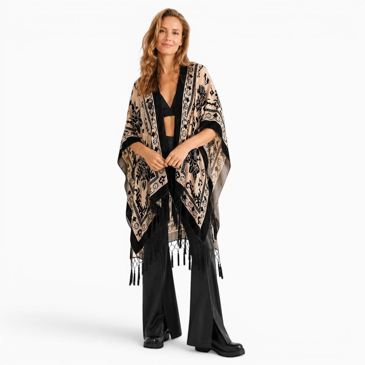 La Boutique Kimono Kimono Noir Adulte À Franges En Velours Dévoré