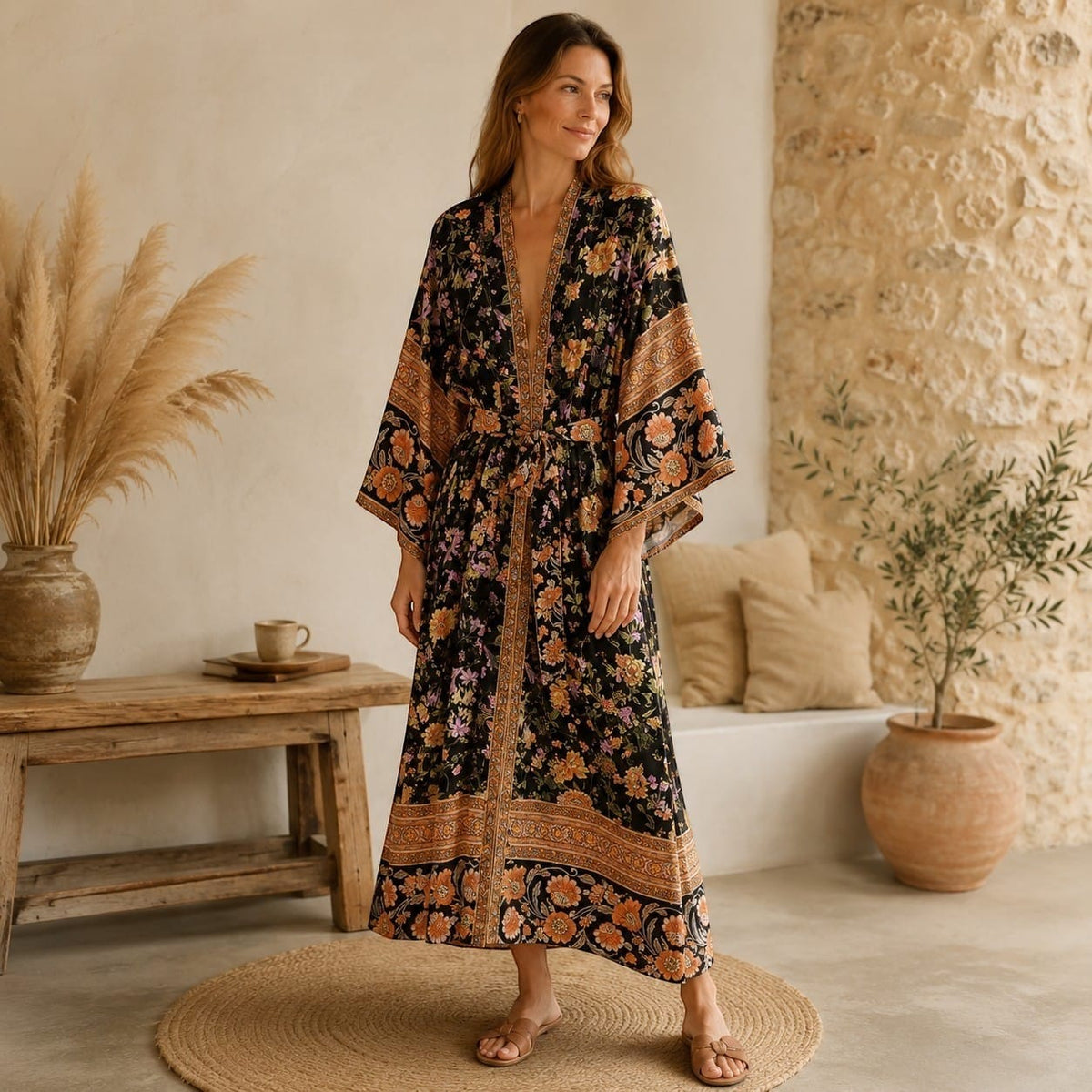 La Boutique Kimono Kimono Noir Fleuri Femme
