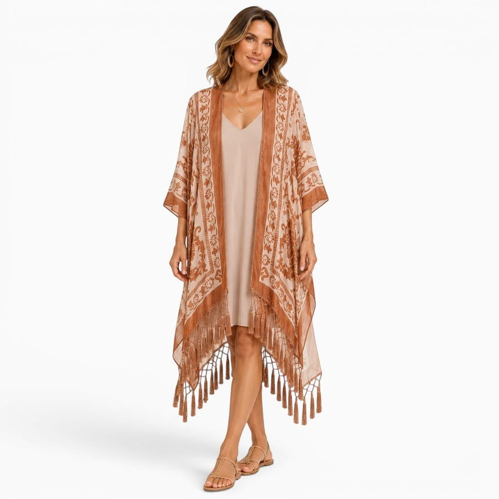 La Boutique Kimono Kimono Nylon En Velours Dévoré À Franges