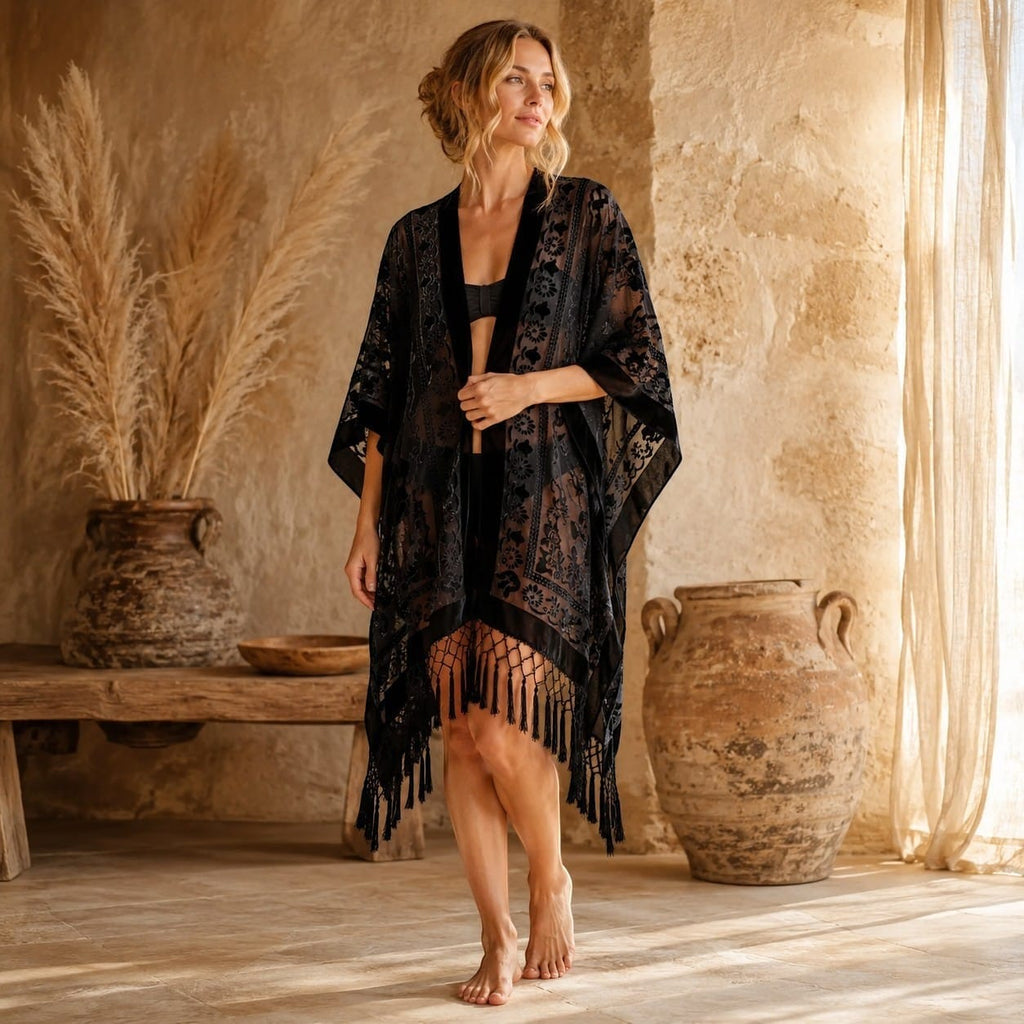 La Boutique Kimono Kimono Nylon Noir À Franges