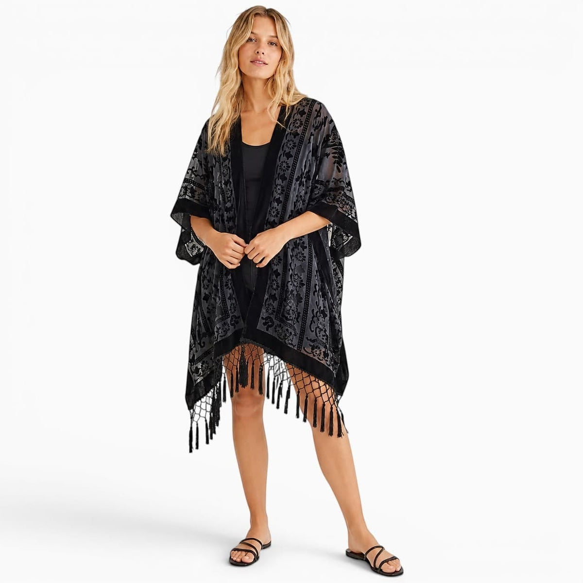 La Boutique Kimono Kimono Nylon Noir À Franges