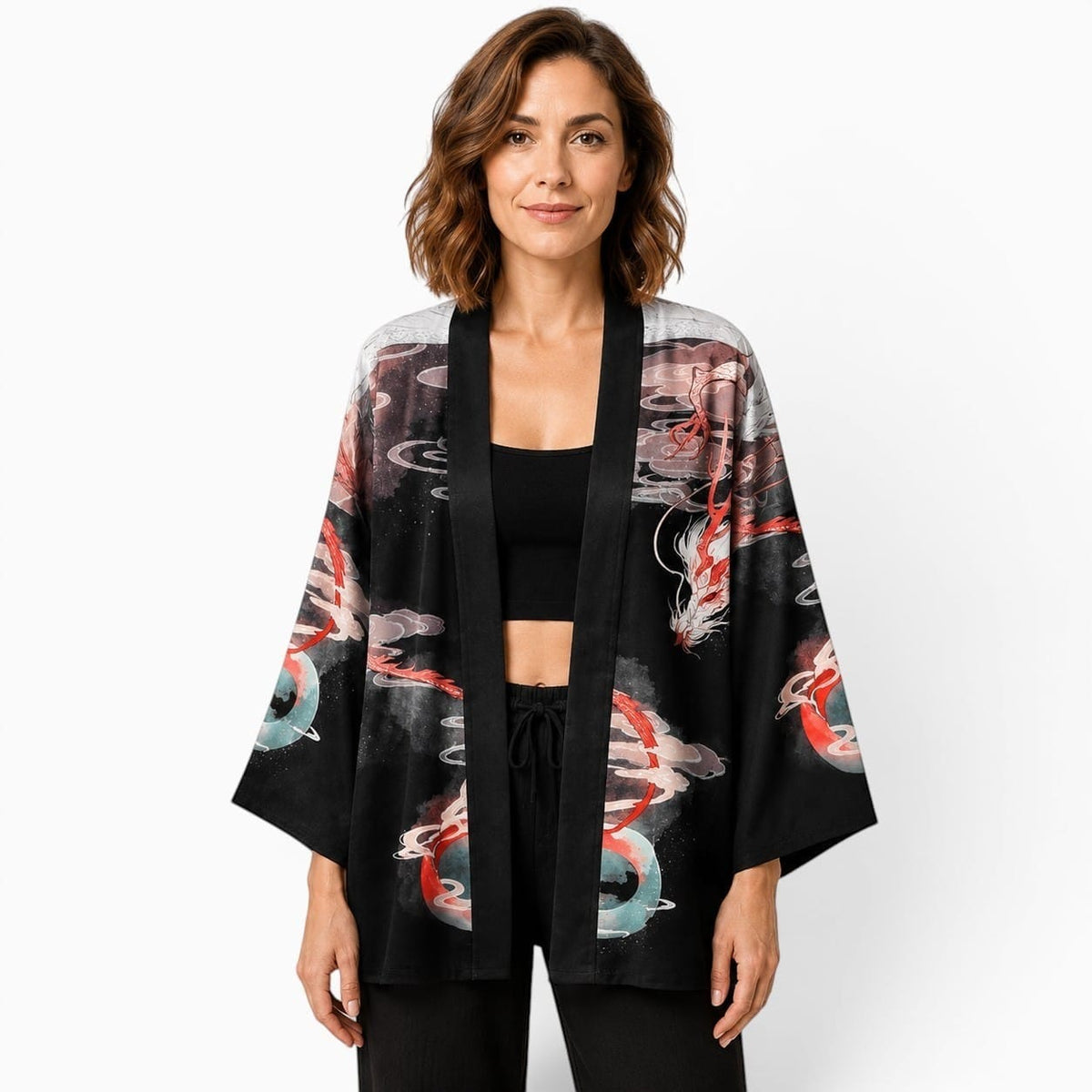 La Boutique Kimono Kimono Satin Noir Motif Dragon