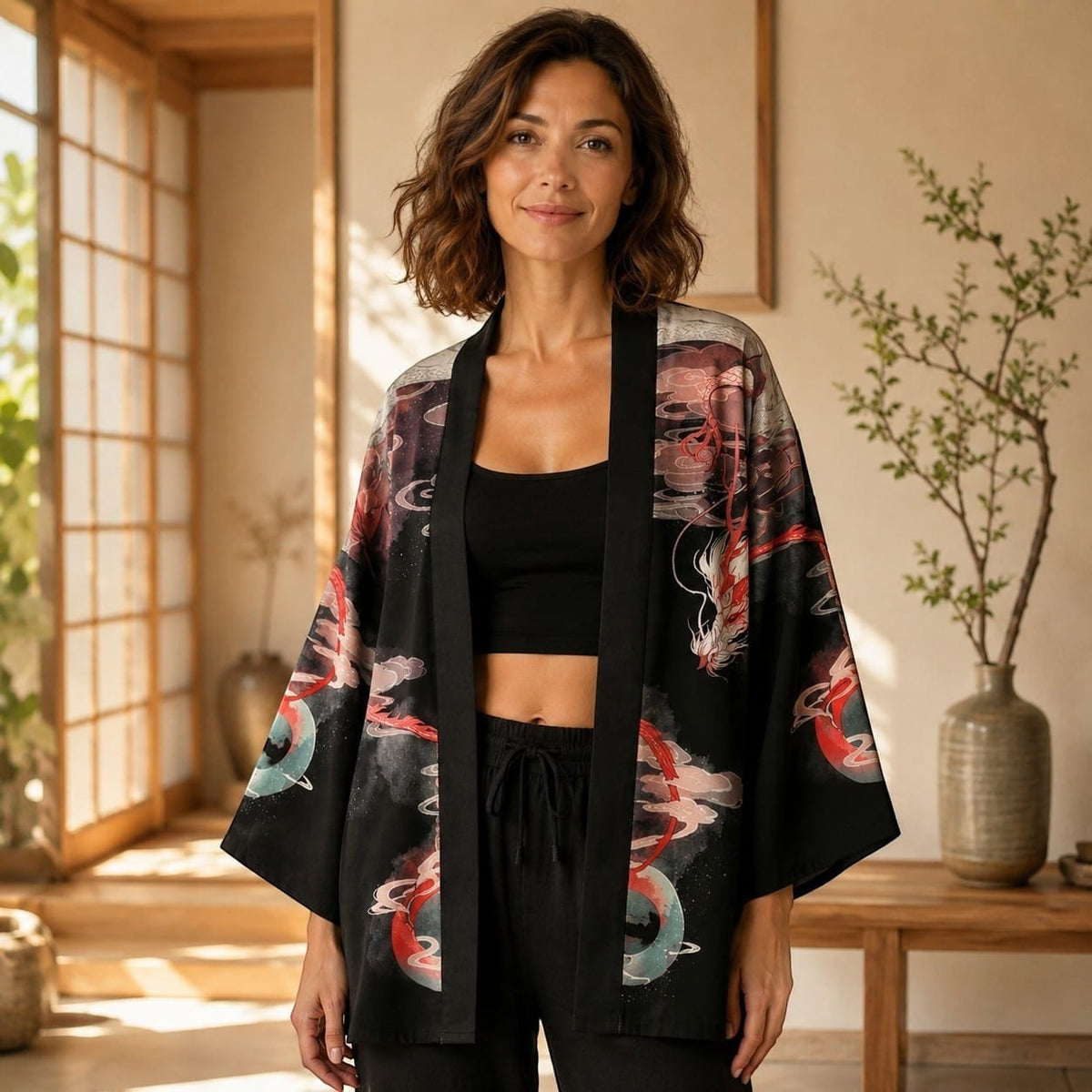 La Boutique Kimono Kimono Satin Noir Motif Dragon