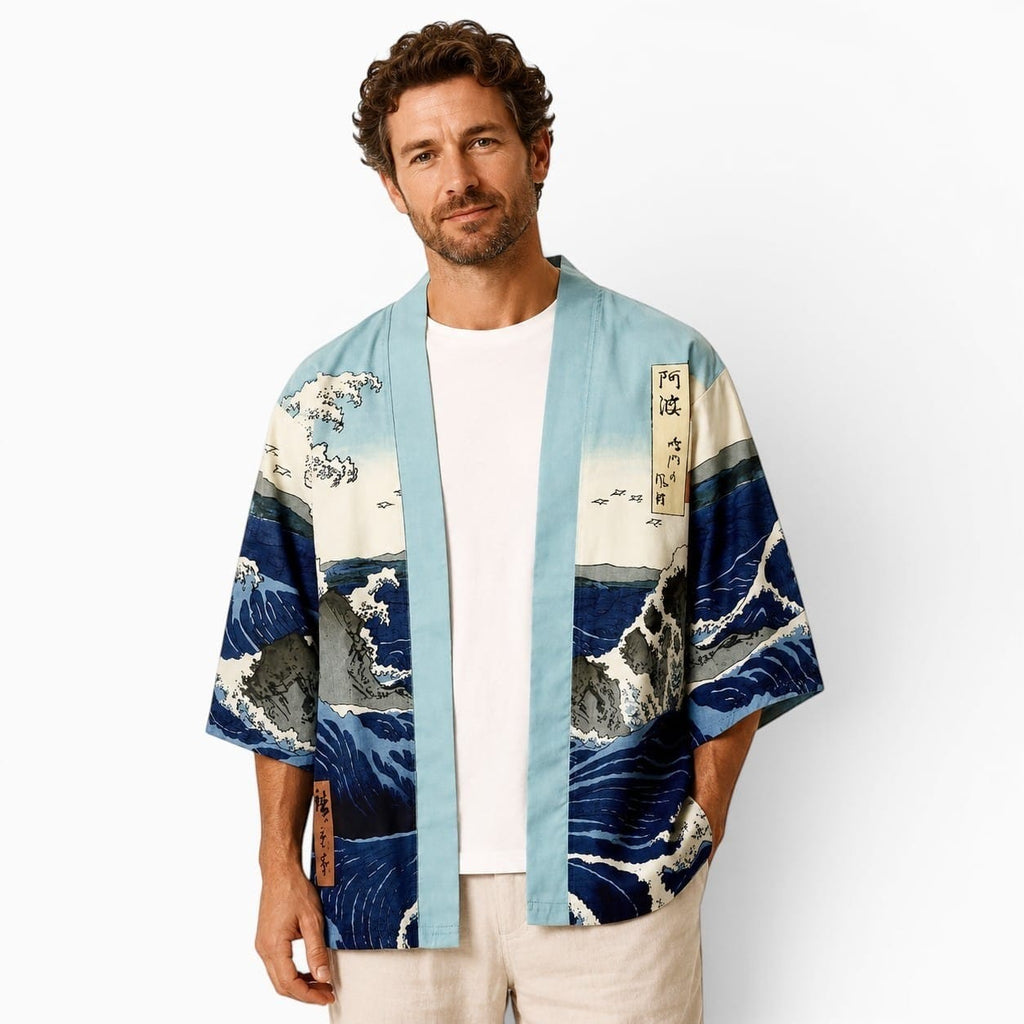 La Boutique Kimono Kimono Traditionnel Imprimé Vagues Style Japonais