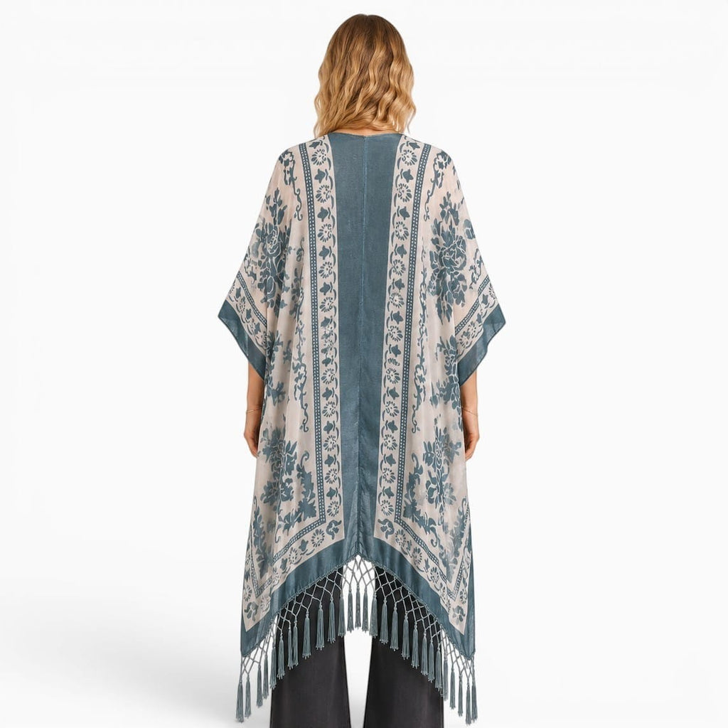 La Boutique Kimono Kimono Velours Dévoré À Franges Bleu Gris
