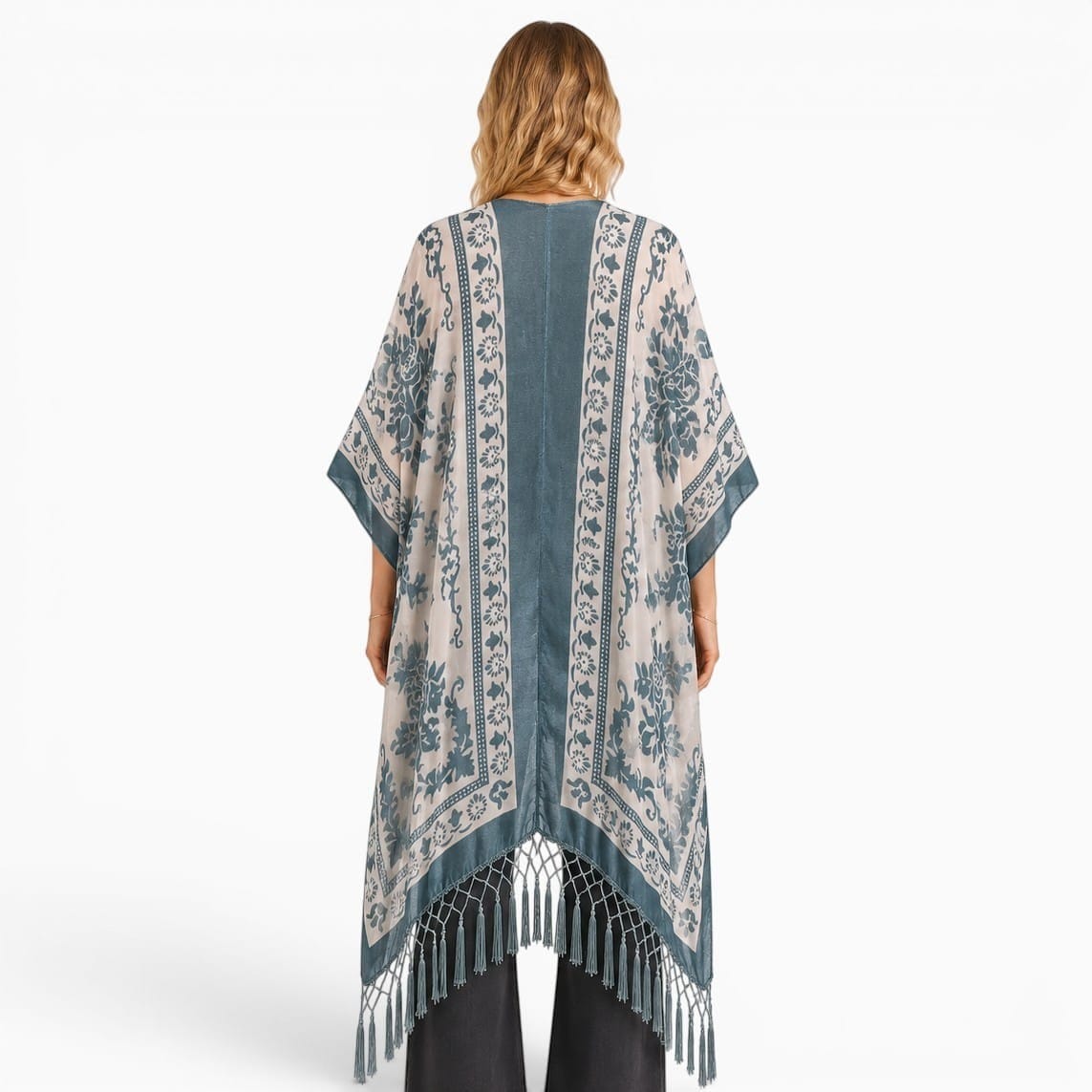La Boutique Kimono Kimono Velours Dévoré À Franges Bleu Gris