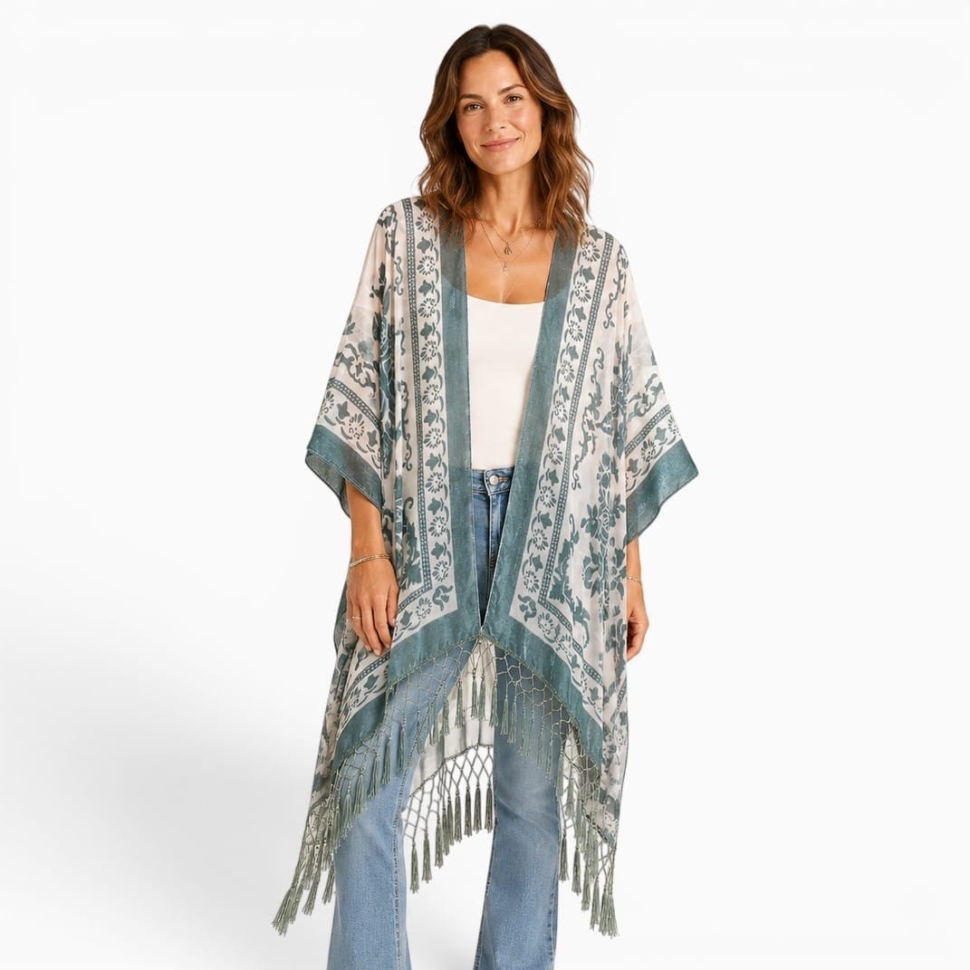 La Boutique Kimono Kimono Velours Dévoré À Franges Bleu Gris