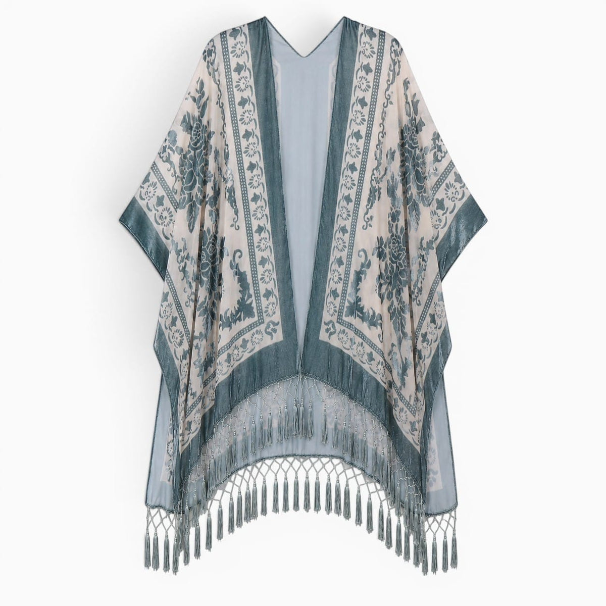 La Boutique Kimono Kimono Velours Dévoré À Franges Bleu Gris