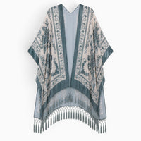 La Boutique Kimono Kimono Velours Dévoré À Franges Bleu Gris