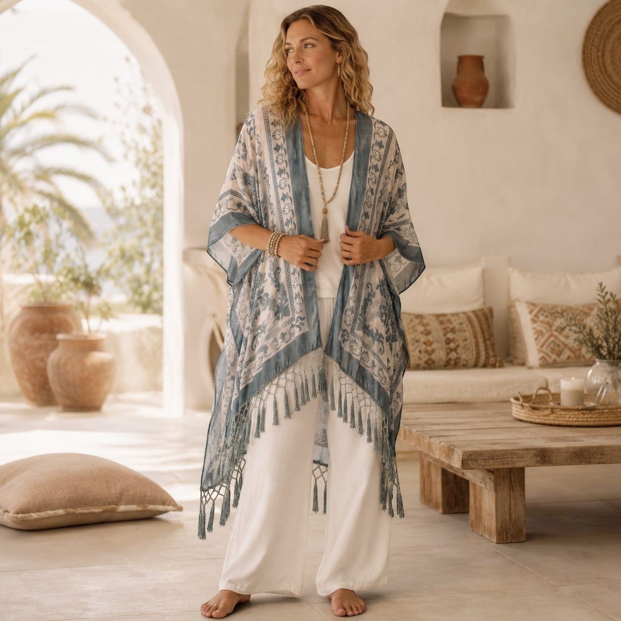 La Boutique Kimono Kimono Velours Dévoré À Franges Bleu Gris