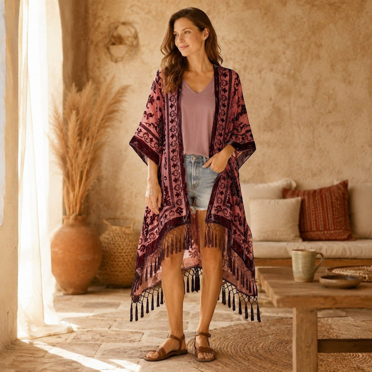La Boutique Kimono Kimono Velours Rose Poudré Franges