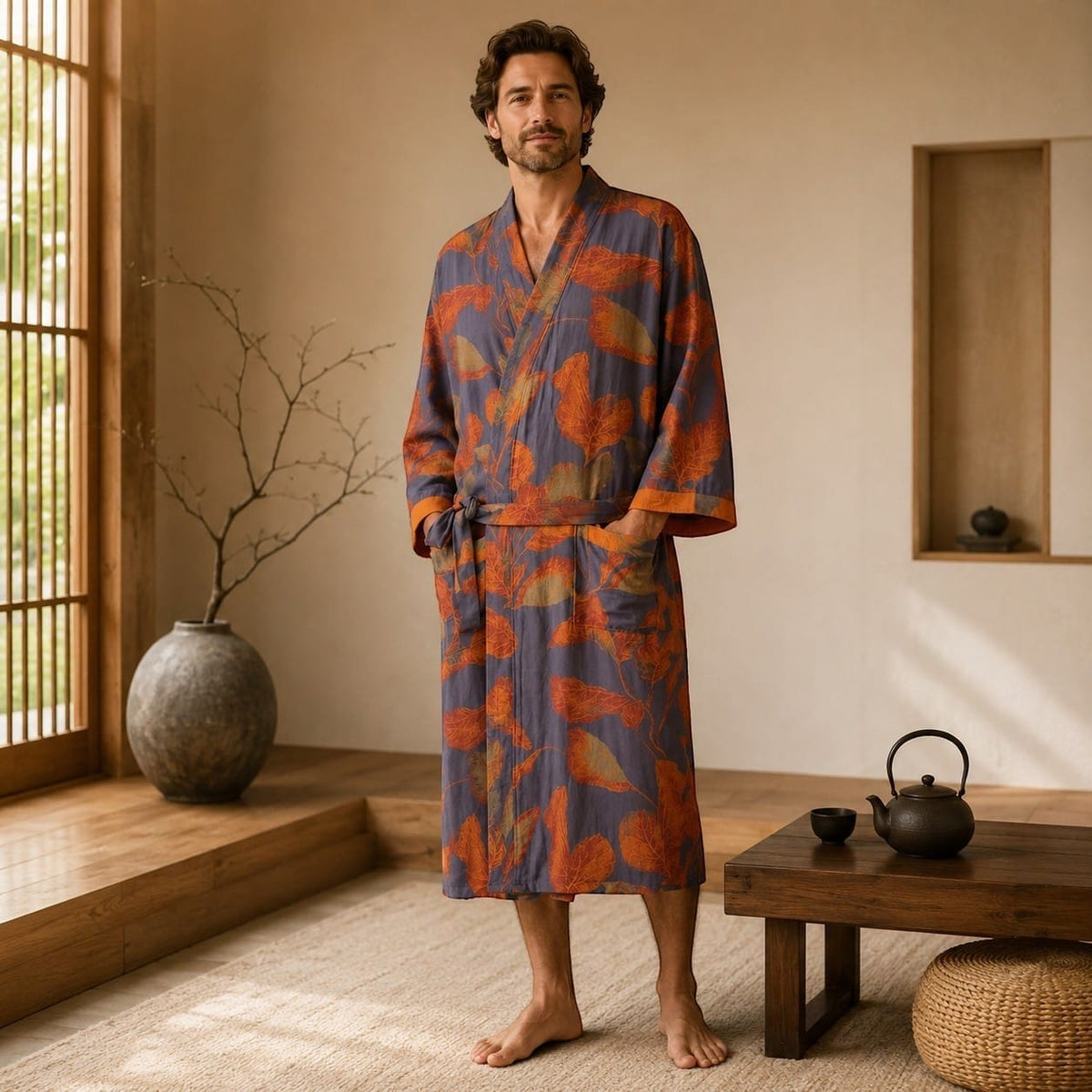 La Boutique Kimono Peignoir Kimono Homme Bleu et Orange